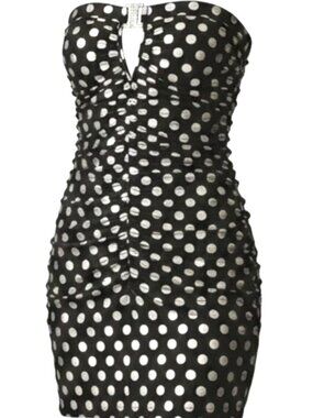 de.more Black Silver Polka Dot Strapless Ruched Bodycon Mini Dress Sz Large